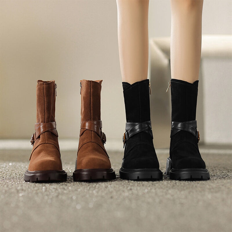 Womens Suede Mid Calf Boots for Winter Buckles Boots Maxct