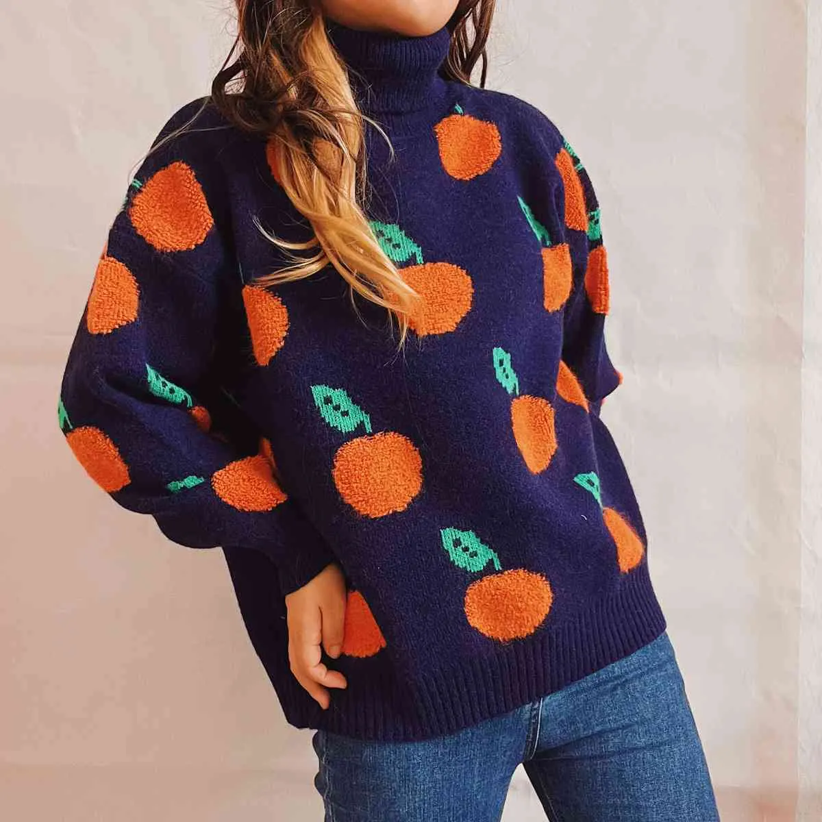 Maxct &Fruit Pattern Turtleneck Dropped Sweater