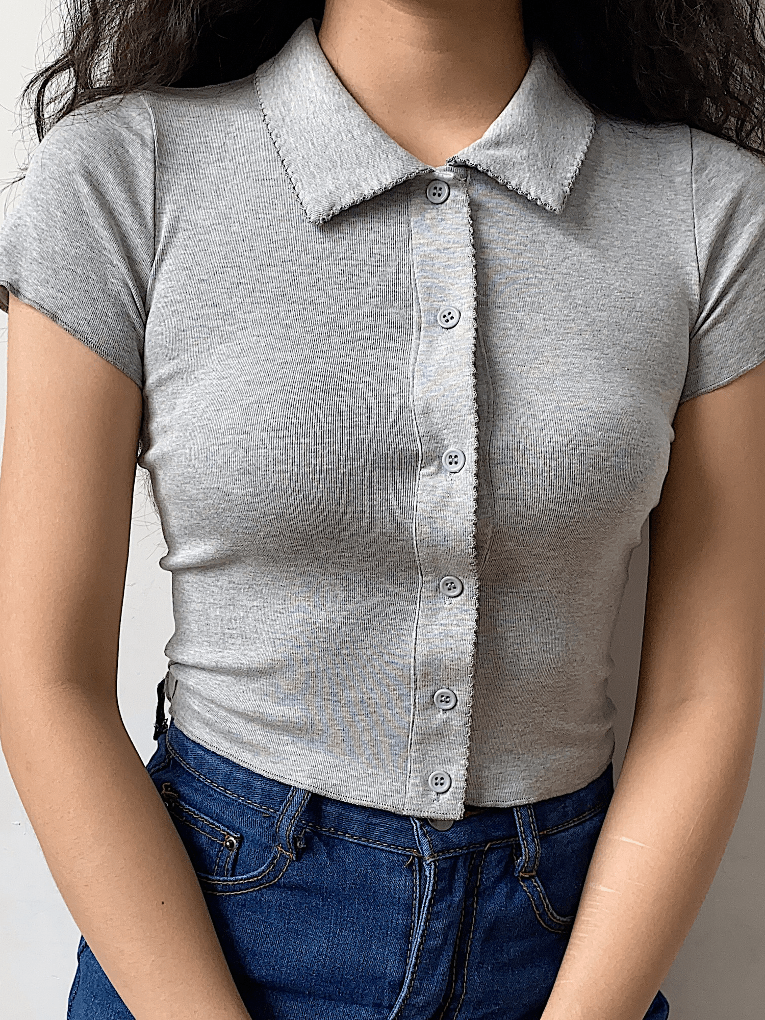 Maxct Simple Polo Neck Knitted Lace Short Seeves Shirt