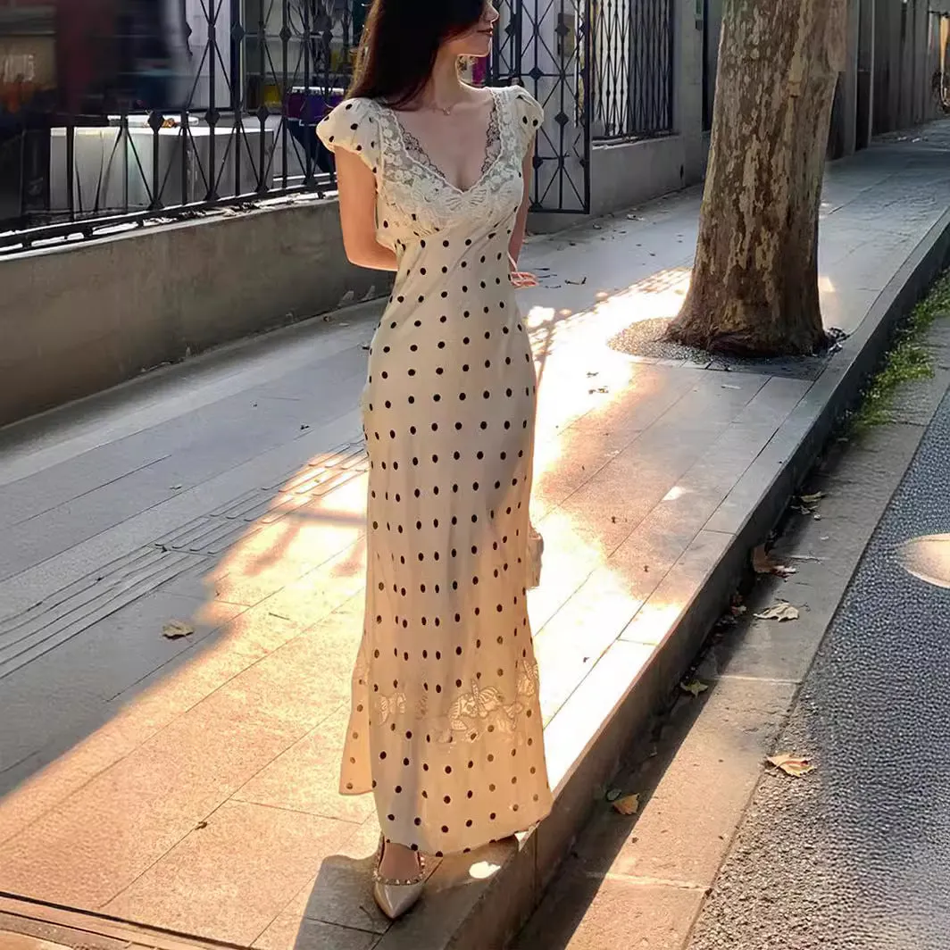 Maxct The Black Lace Trim Polka Dot Maxi Dress