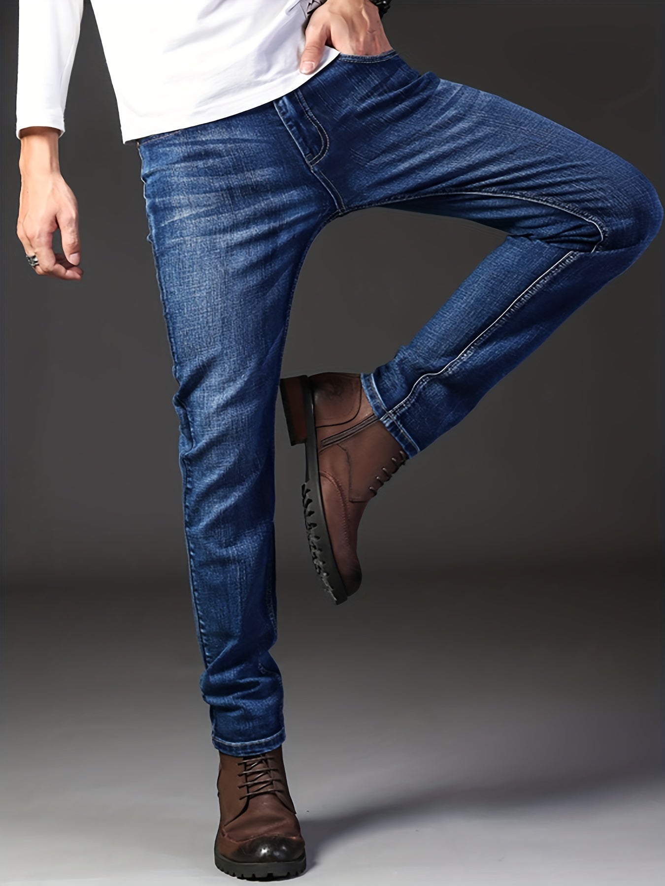 Maxct  Classic Design Semi-formal Jeans, Men's Casual Stretch Denim Pants For All Seasons Business