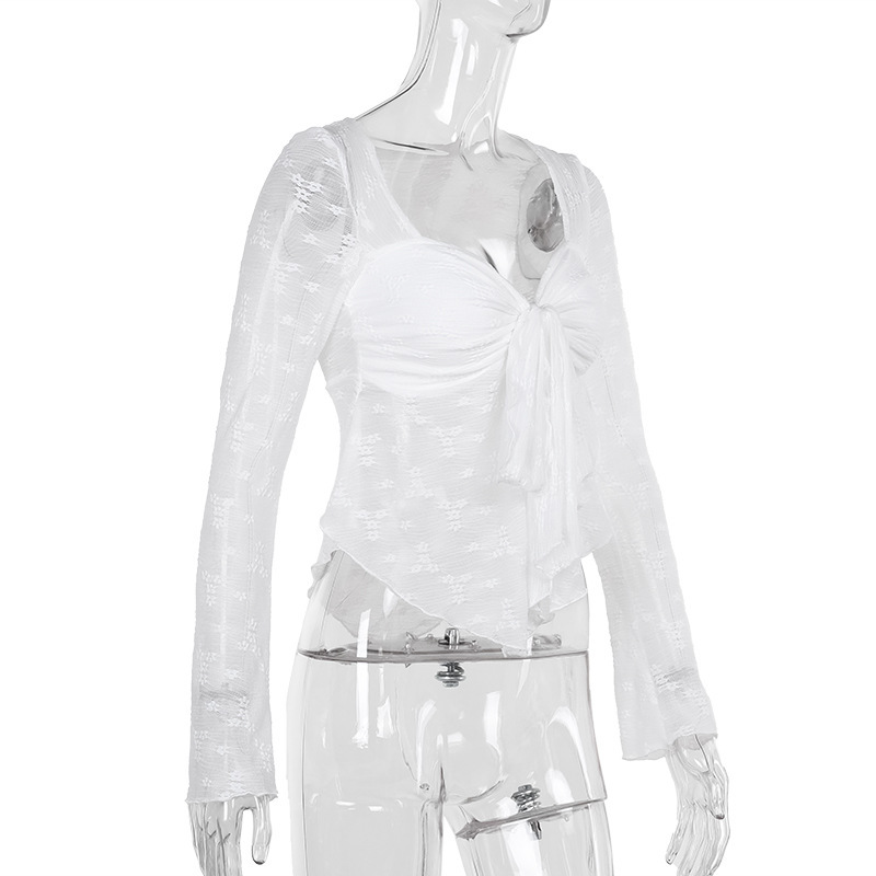 Sexy White Lace Bows Long Sleeve T-Shirt Top For Women Summer New See Through Hot Girl Slim Fit Long Sleeved Top Pullover