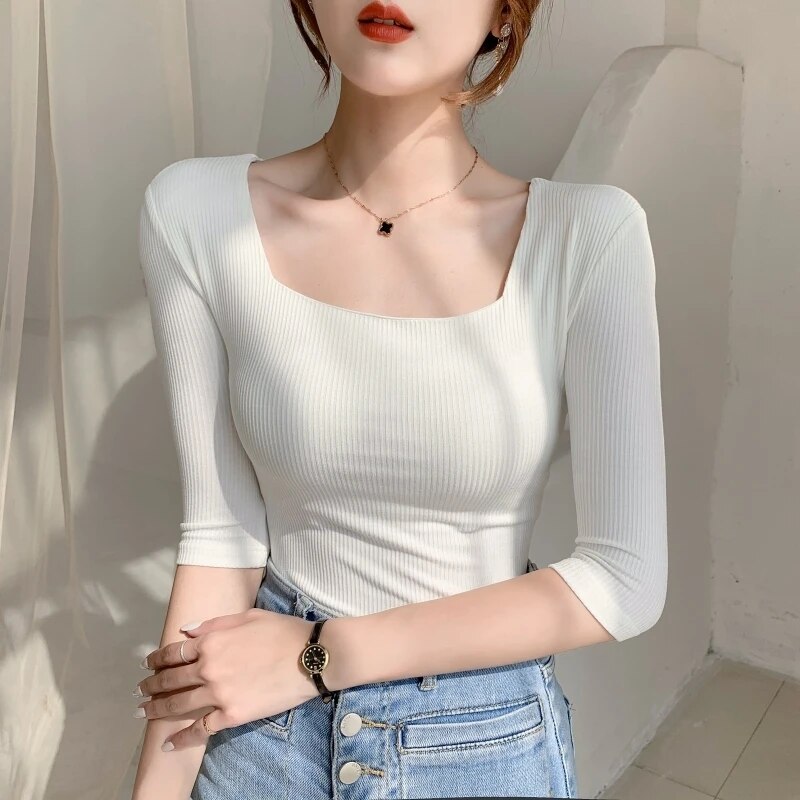 Maxct Sleeve Square Collar Slim Cotton T-shirt Tee Girls Solid Summer Basic High Elasticity Tshirts Crop Tops For Women