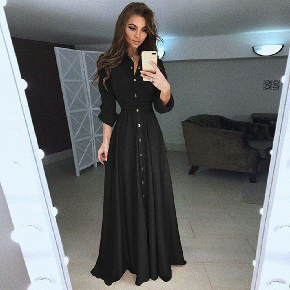 Maxct Shirt Button Down Dress Womens Long Sleeve Formal Long Maxi Evening Party Tunic S-3XL