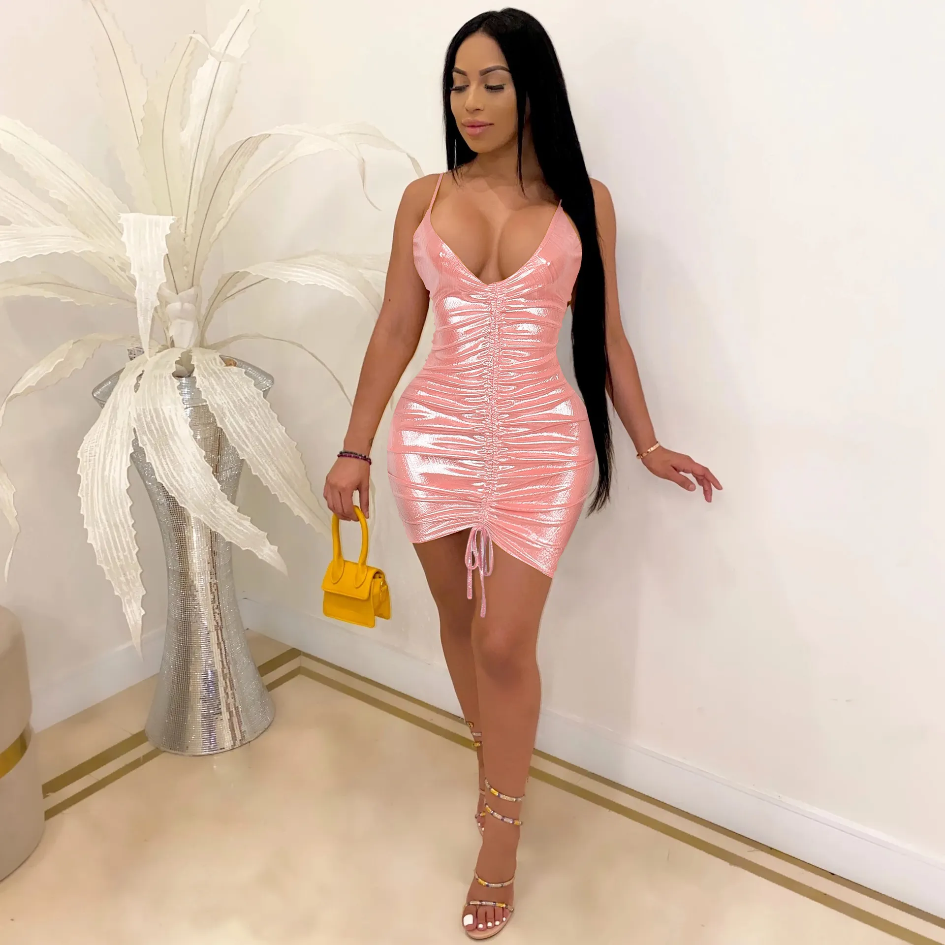 Parity Drawstring Bodycon Mini Dress Sexy Young Little Chap Spaghetti Strap Sweet High Waist Vestidos For Female Summer