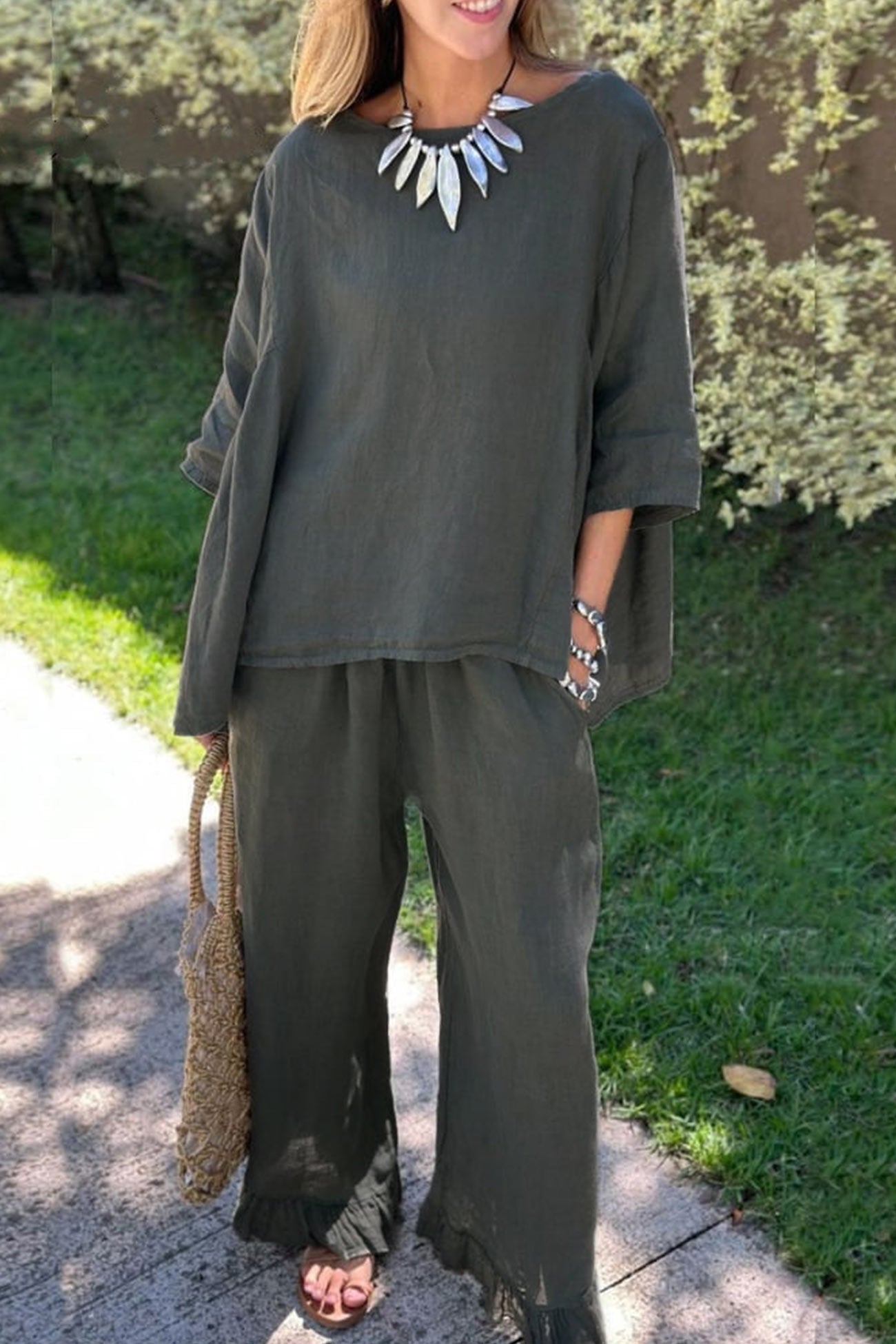 Maxct Half Sleeve Tops Fringe Hem Long Pants Set