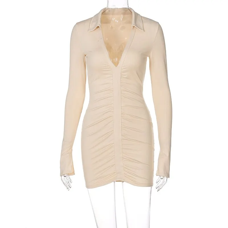 Voguable Solid Pleated Polo Neck Long Sleeves Mini Dress Streetwear Y2K Elegant Wear Maxct