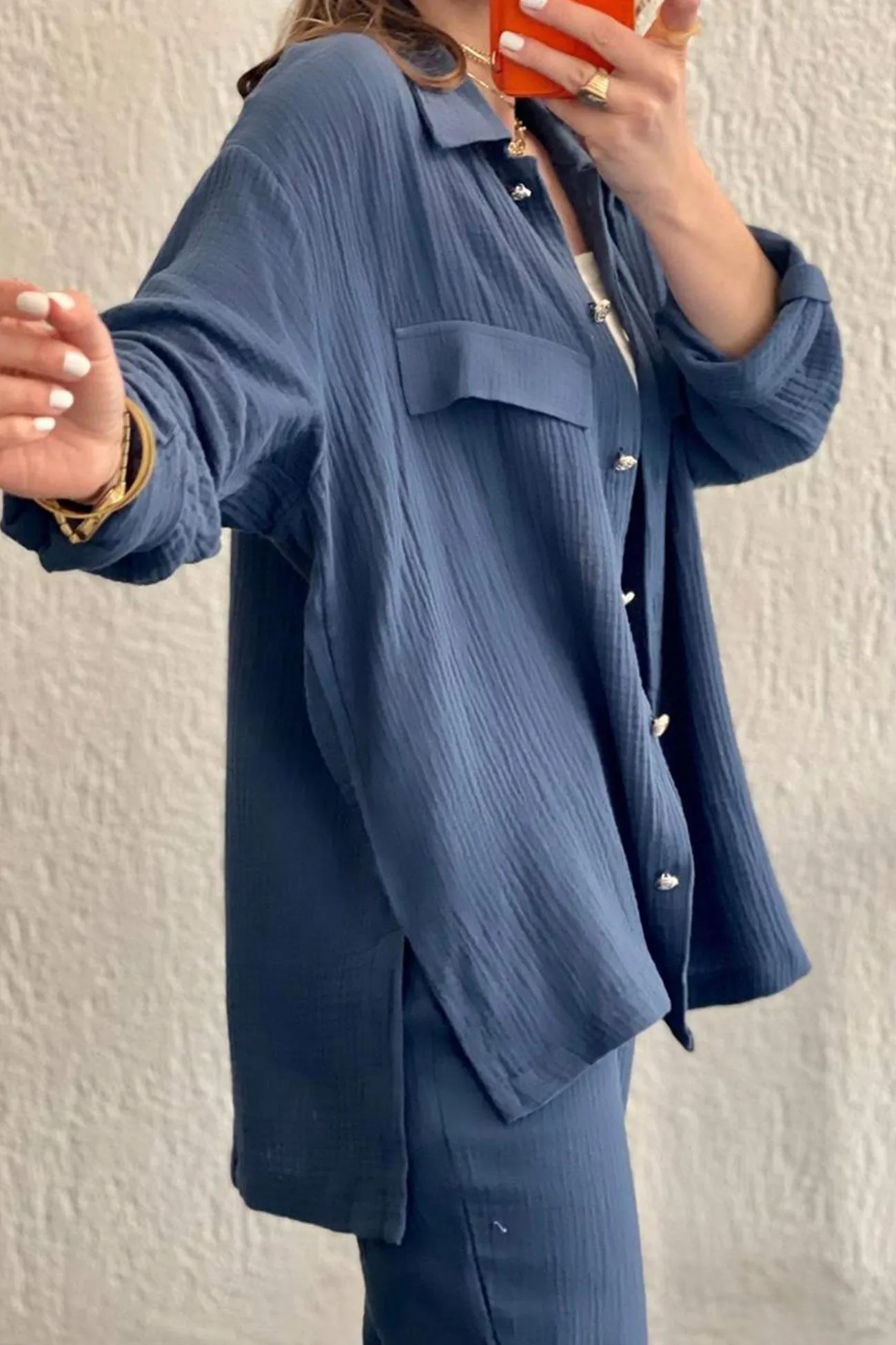 Maxct Long Sleeve Pocketed Slit Shirt Long Pants Suits