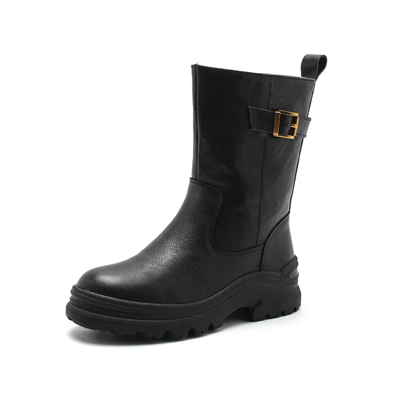 Womens Retro Mid Calf Boots Shearling Lined for Cold Winter Snow Boots Maxct