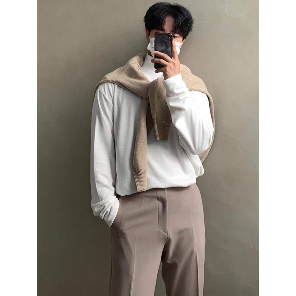Maxct classy outfits men Solid Color Half Turtleneck Men's Spring and Autumn Long-Sleeved T-shirt Bottoming Shirt Korean Style Loose Casual High Sense Autumn Inner Wear Men