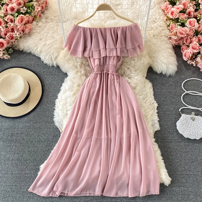 Chiffon Dress Women Sexy Slash Neck Ruffle Robe Elegant Ruffle High Waist Vestidos Female Beach Vacation New