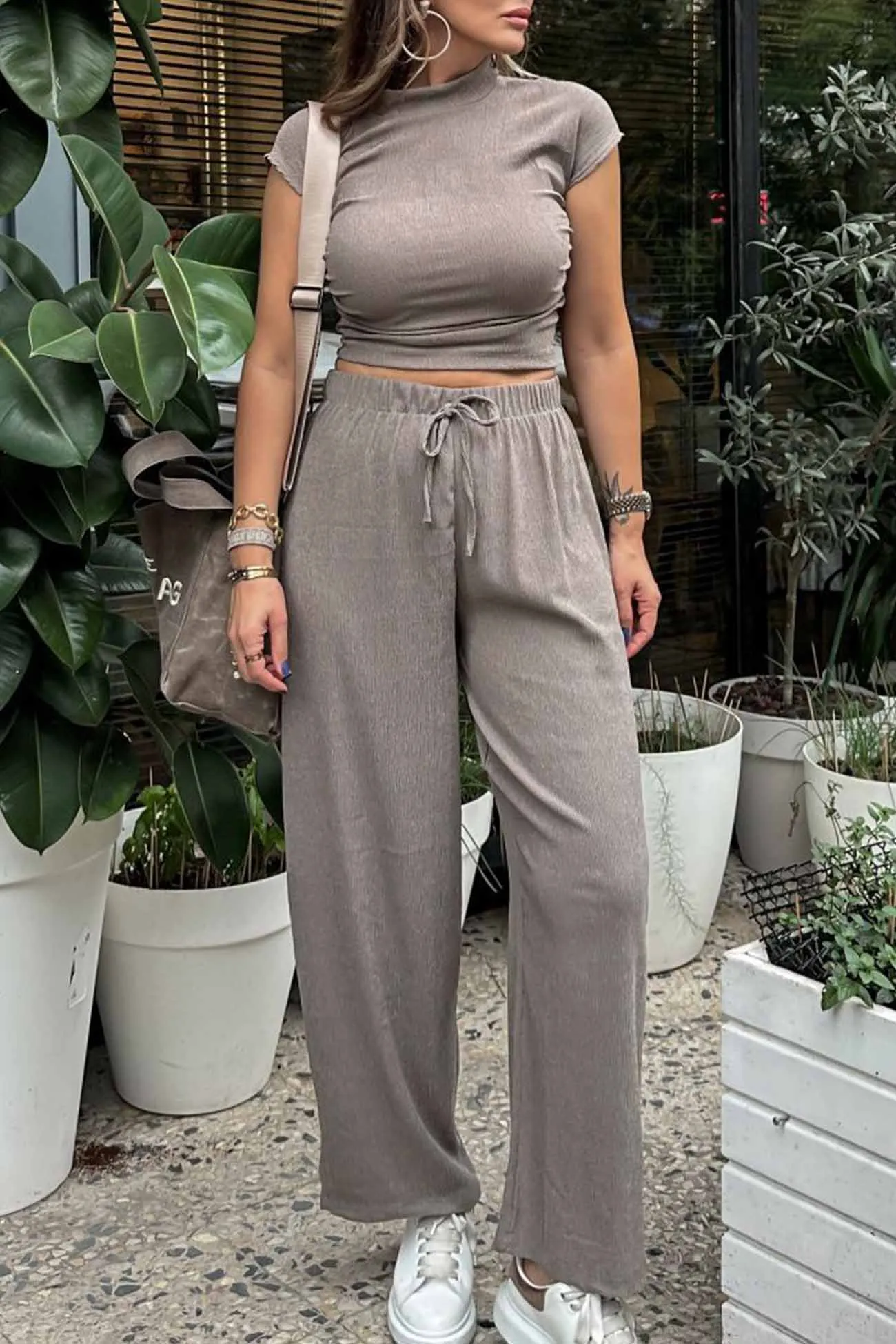 Maxct Mock Neck Short Sleeve Ruched Long Pant Set