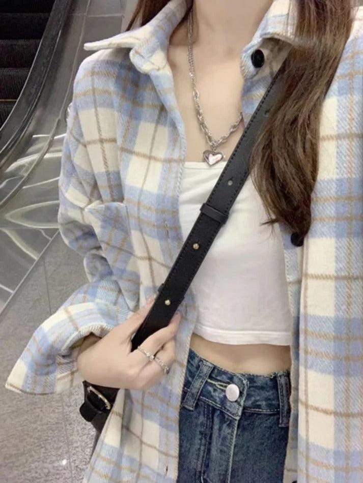 Maxct Vintage Plaid Print Brushed Long Sleeve Blouse