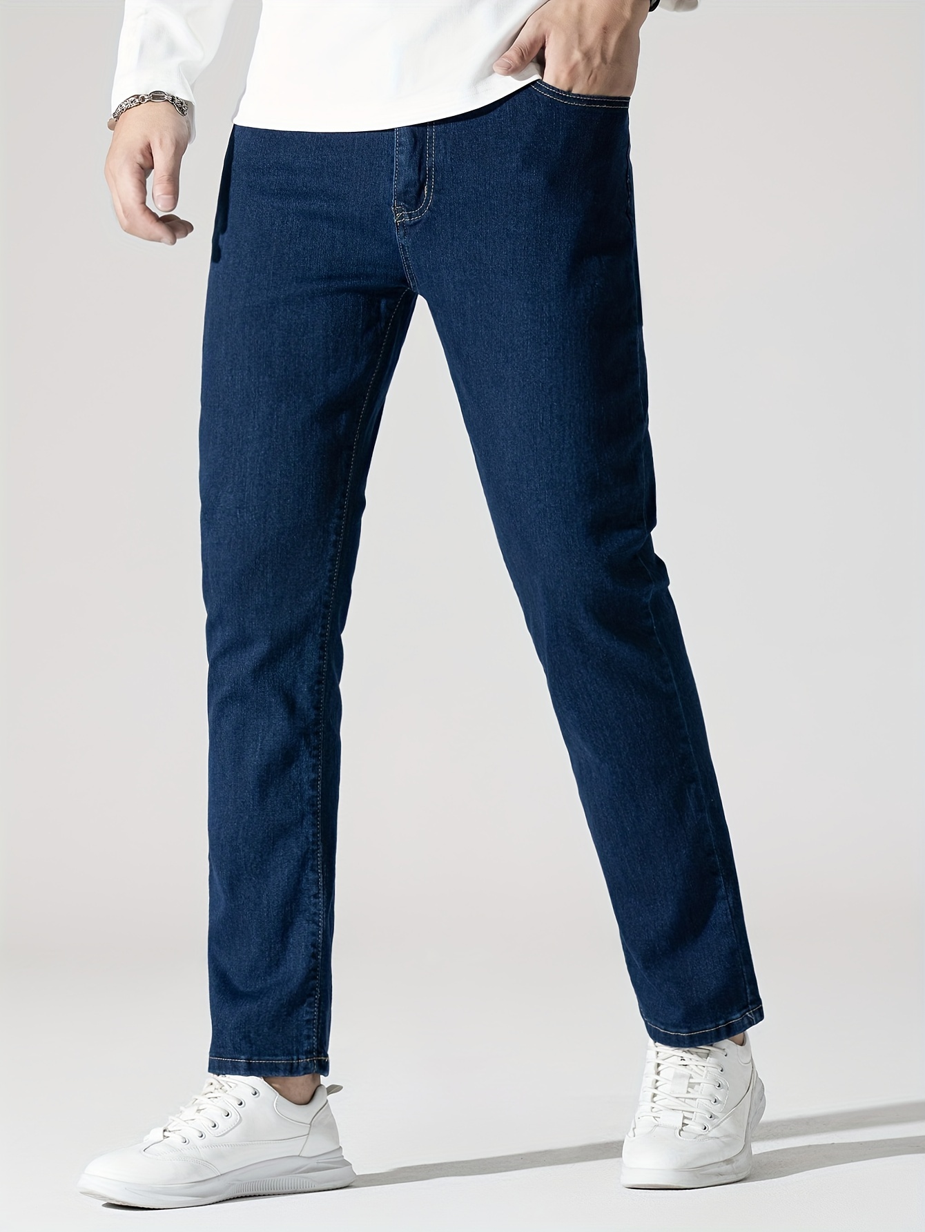 Men's High Stretch Jeans For Business, Slim Fit Denim Pants With Pockets For Spring Fall