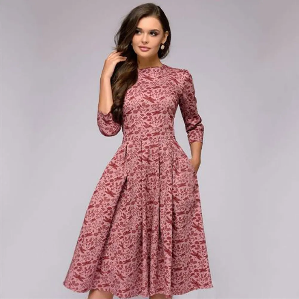 pleated tunic print dress women Elegant ladies A line dresses Long sleeve female autumn mixi party dress vestidos