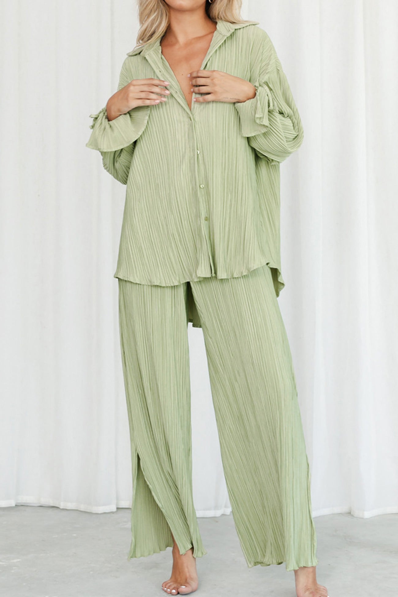 Maxct Pleated Blouse Slit Long Pants Set