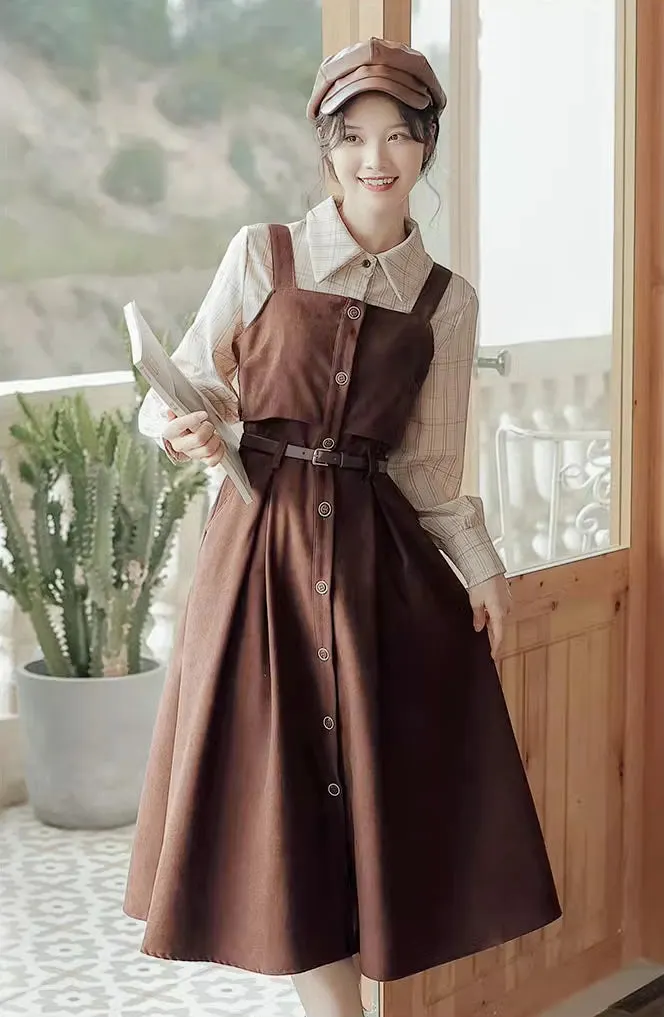 Suede Button Up Cami Pinafore Dress Set Maxct