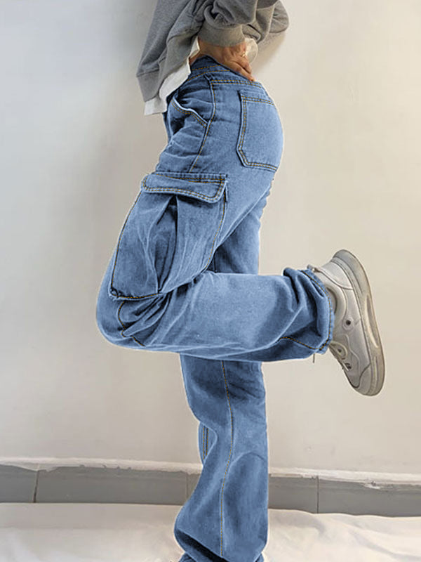 Washed Mid Waist Pocket Cargo Jeans Maxct