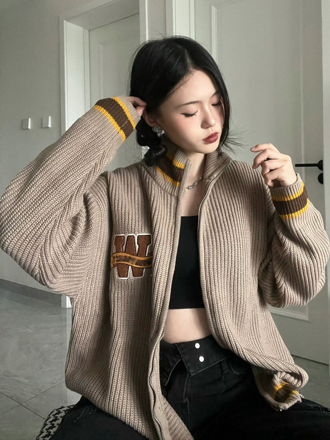 Maxct Logo Embroidery Zip Up Knit Cardigan