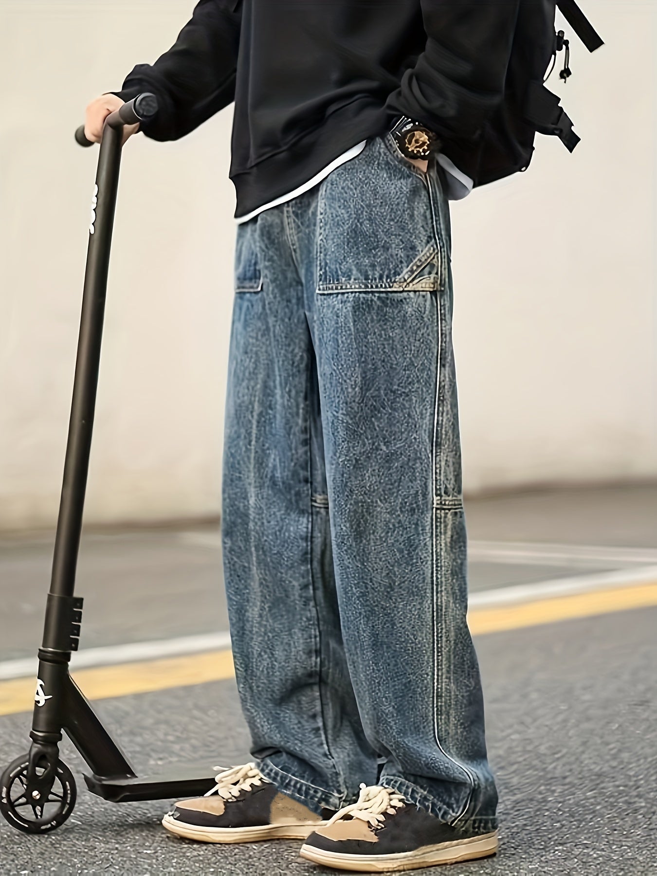 Maxct  Wide Leg Cotton Jeans, Men's Casual Street Style Patchwork Denim Pants For Spring Summer