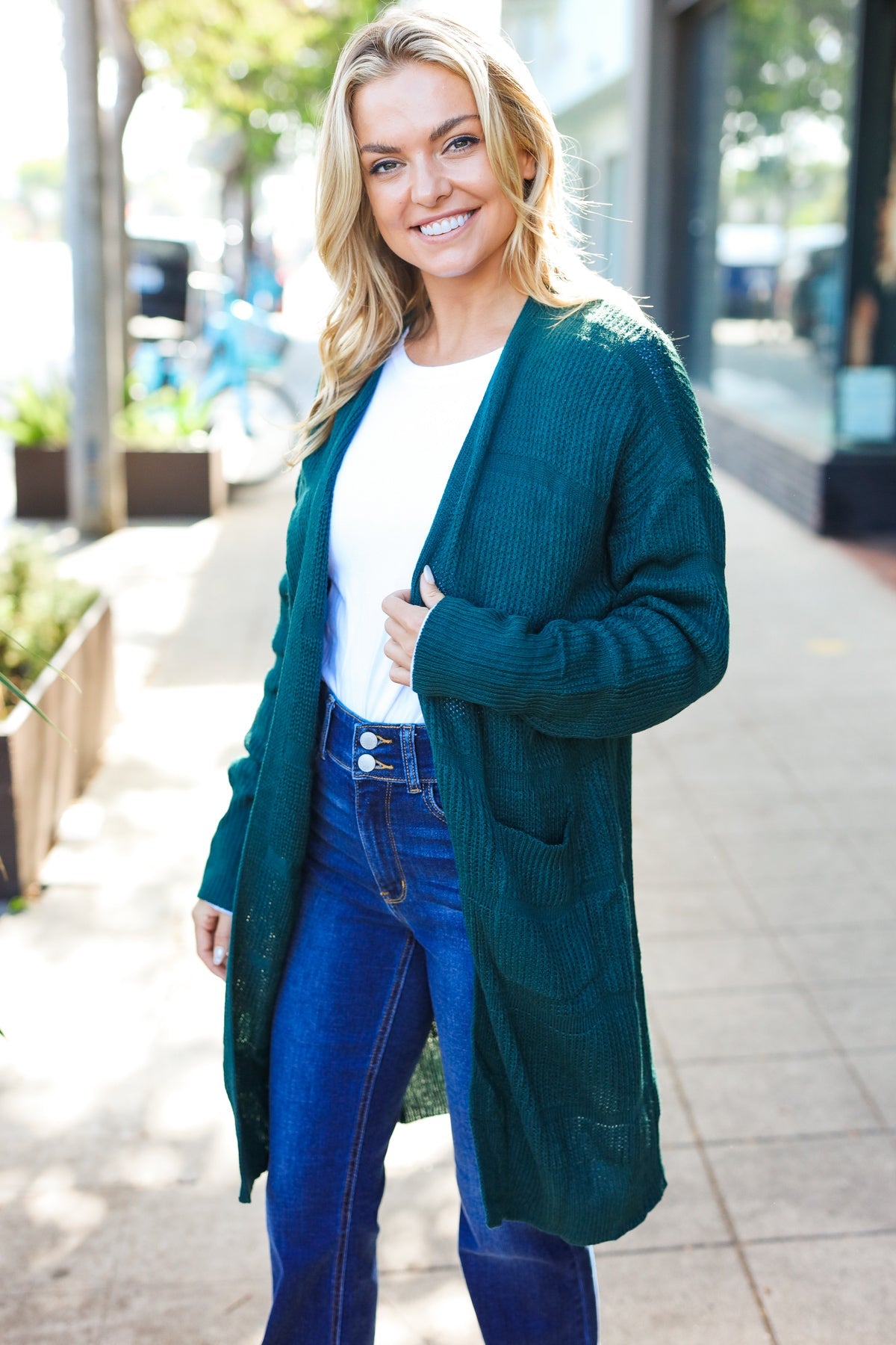 Maxct &Everyday Hunter Green Striped Knit Open Cardigan