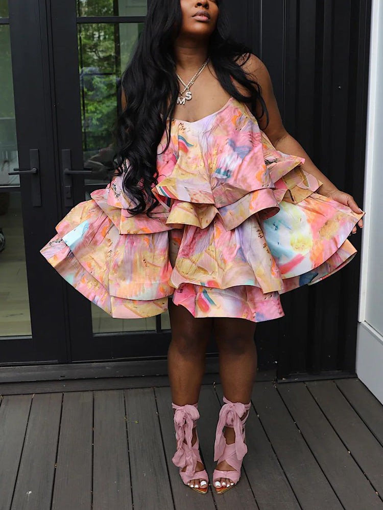 Spaghetti Strap Tiered Ruffle Mini Dress Maxct