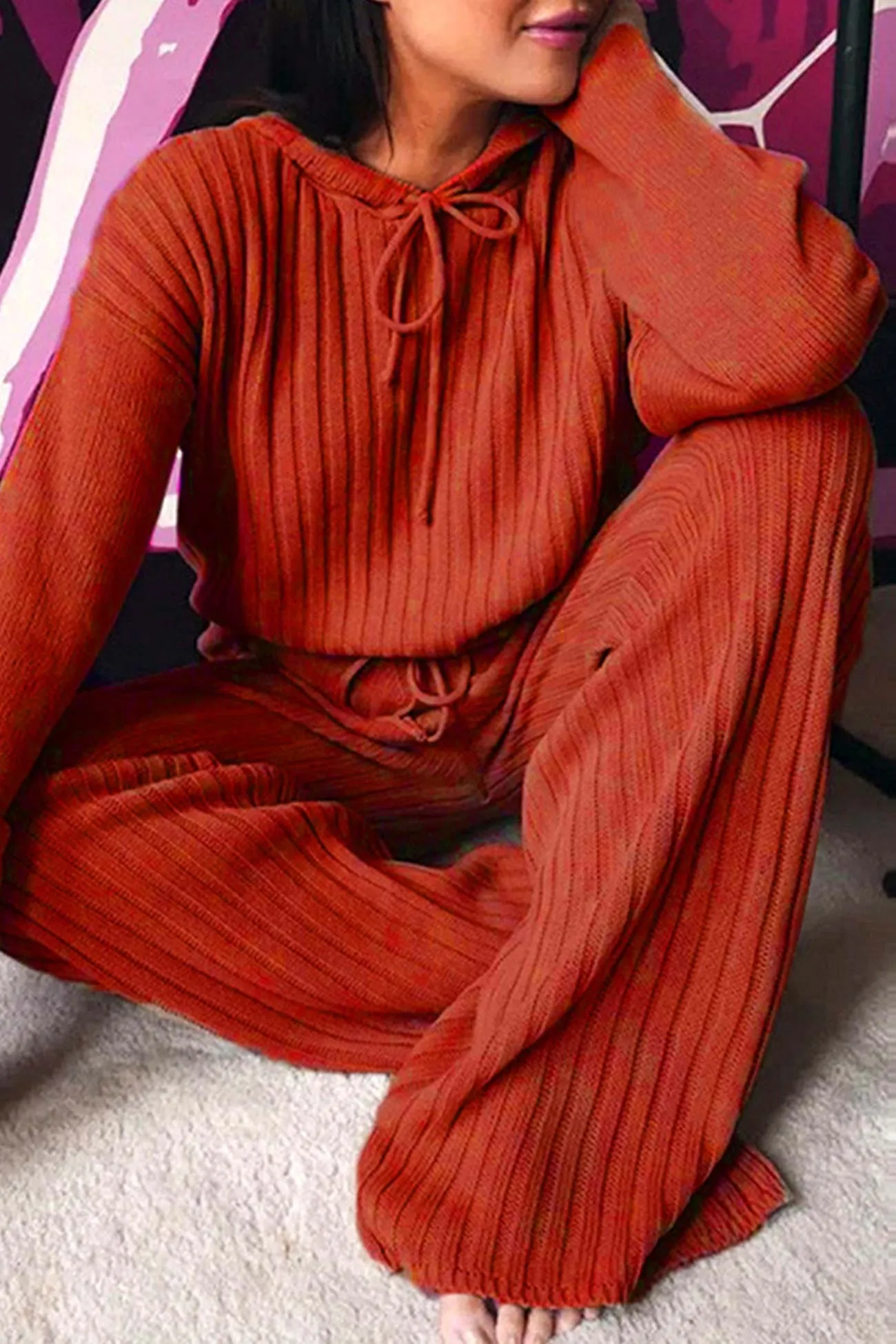 Maxct Ribbed Drawstring Hoodie Long Pants Set