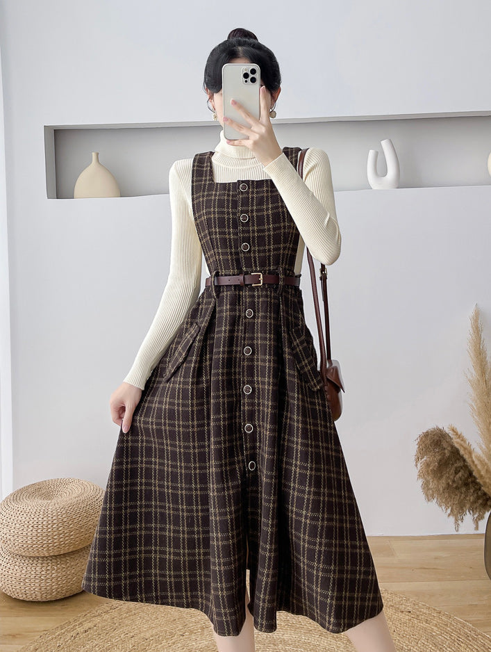 Button Up Plaid Pinafore Dress Maxct