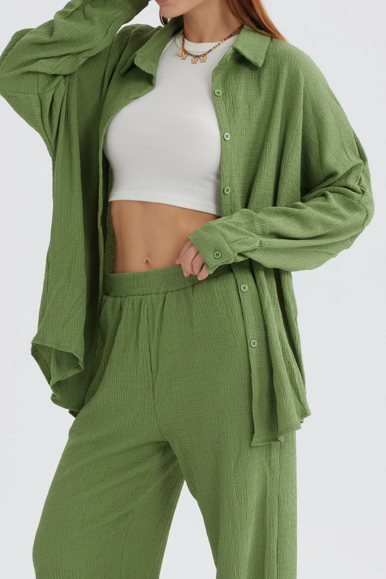 Maxct Two Piece Solid Color Long Sleeve Shirt Long Pants Set