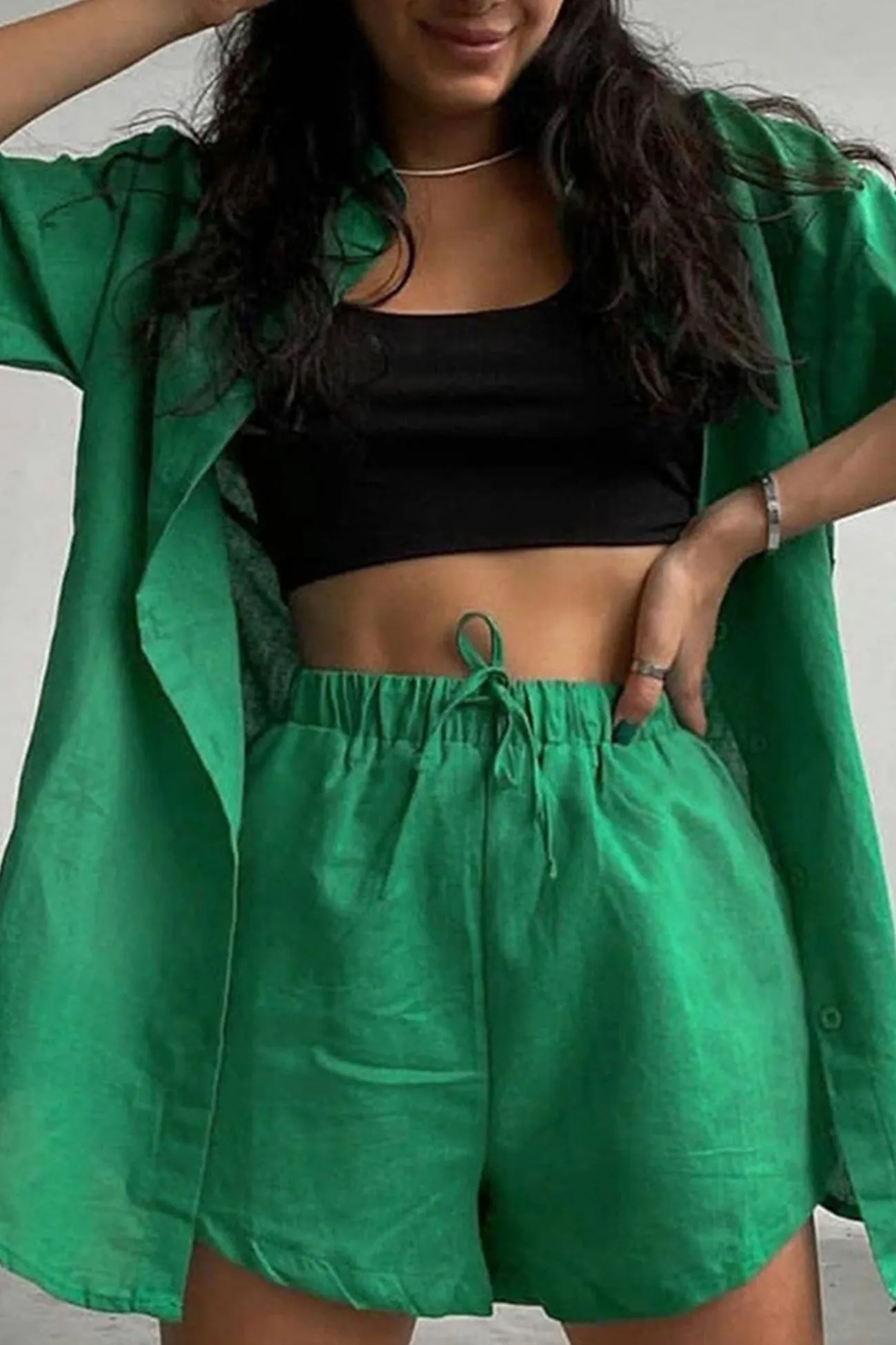 Maxct Solid Short Sleeve Shirt Drawstring Shorts Suits