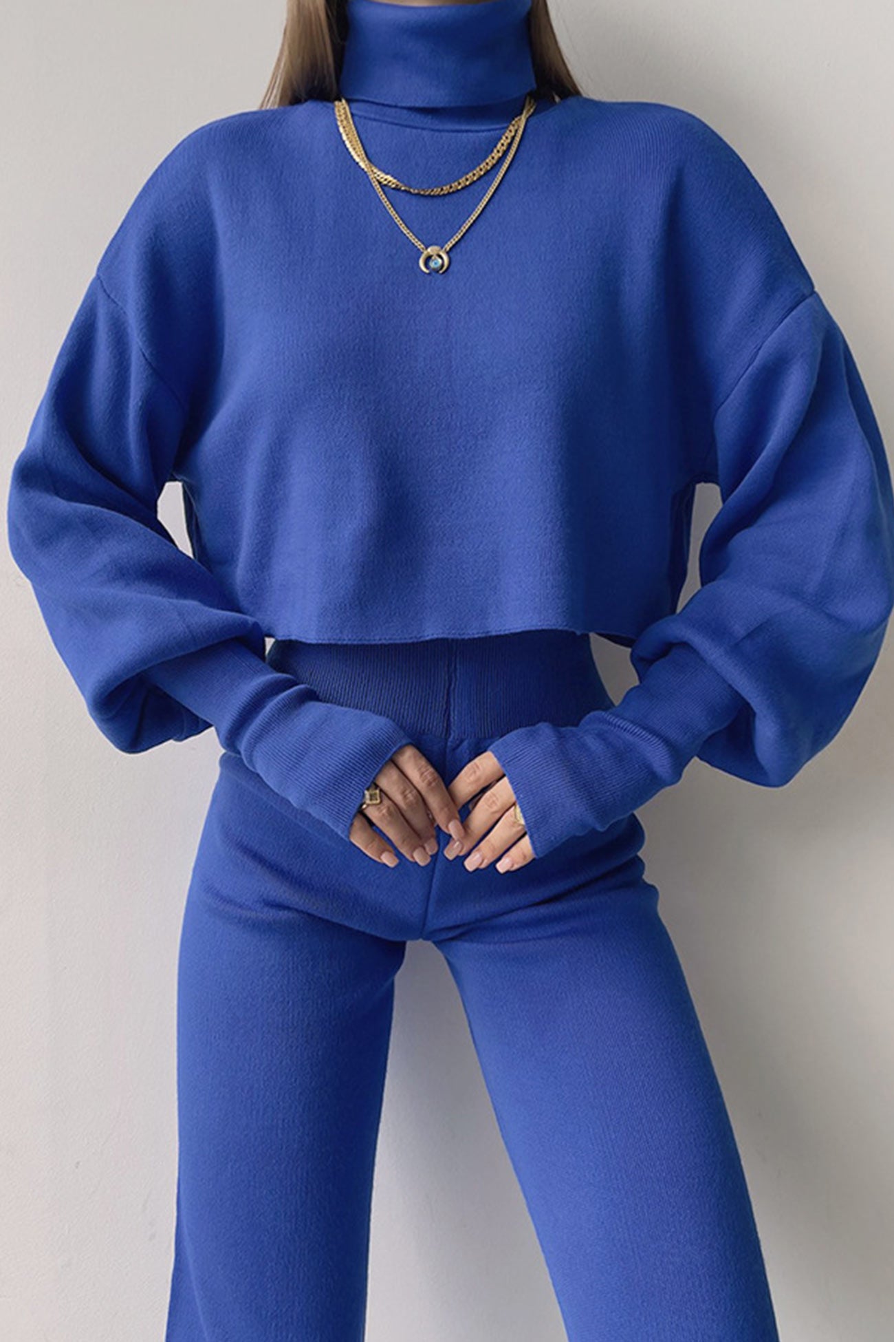 Maxct Solid High Neck Crop Top Long Pants Set