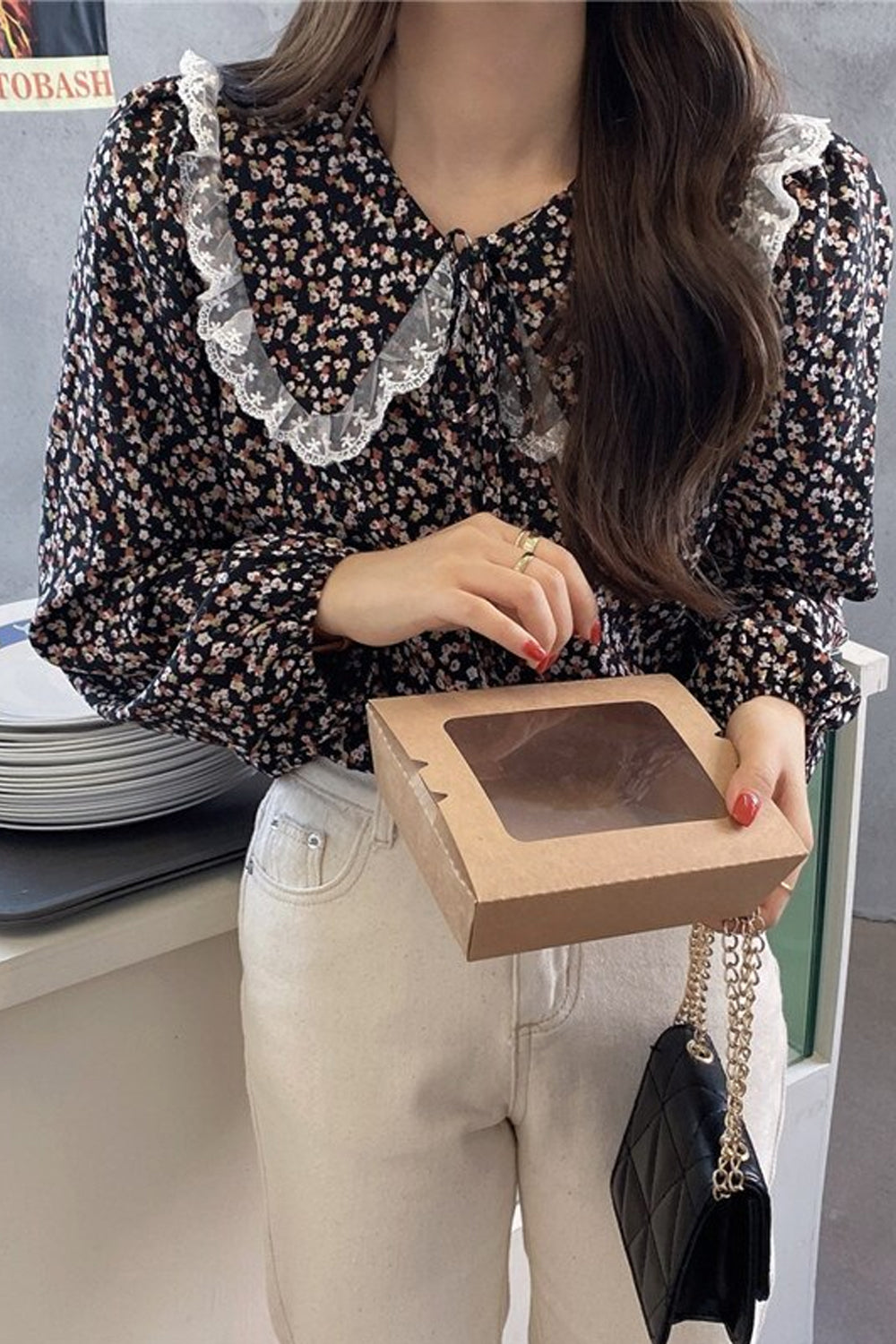 Floral Pattern Peter Pan Collar Long Sleeve Blouse Shirt Maxct