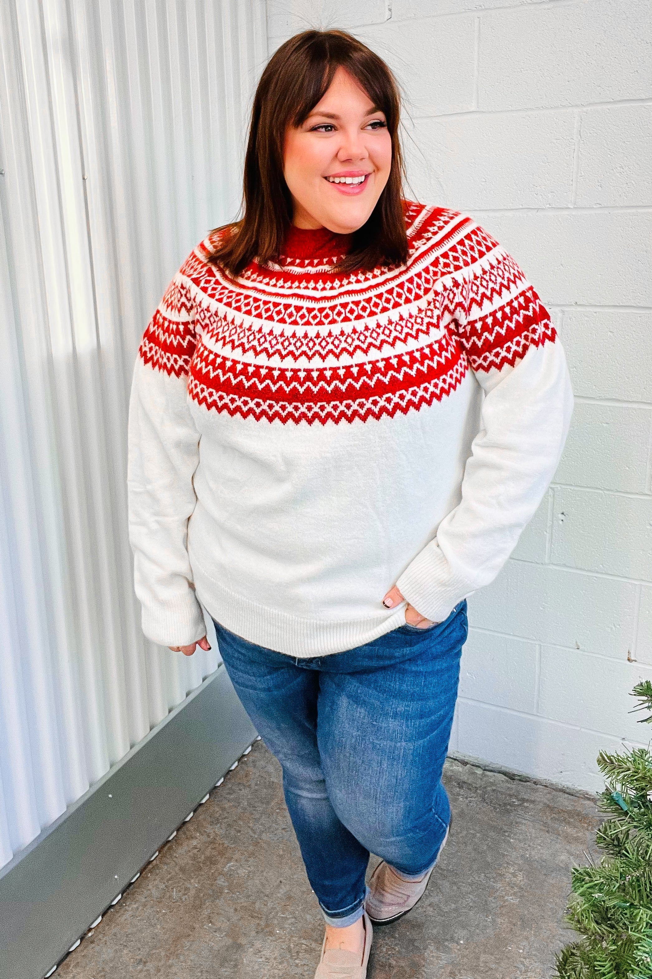 Maxct &Feeling Festive Ivory & Red Fair Isle Mock Neck Sweater