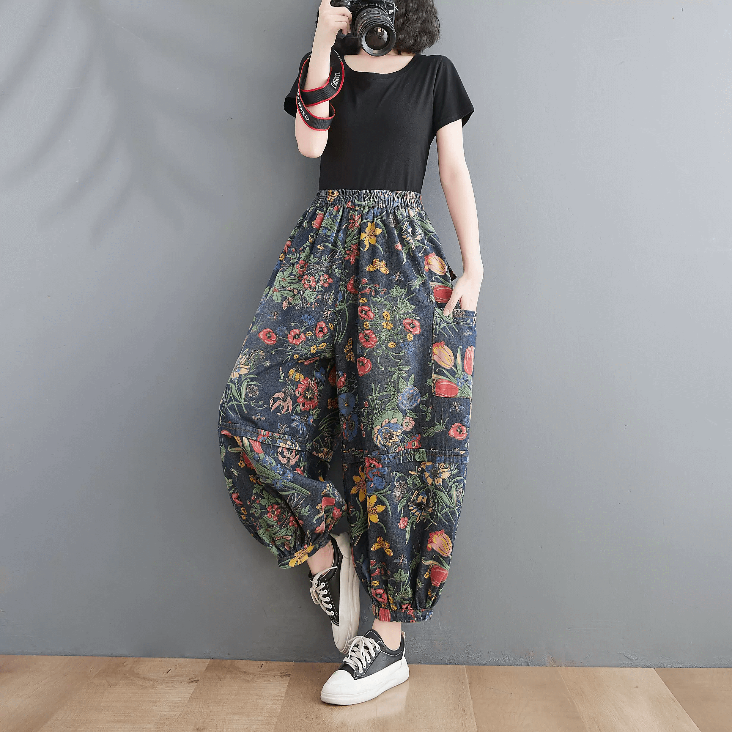 Maxct Women Autumn Retro Blossom High-Waist Harem Pants