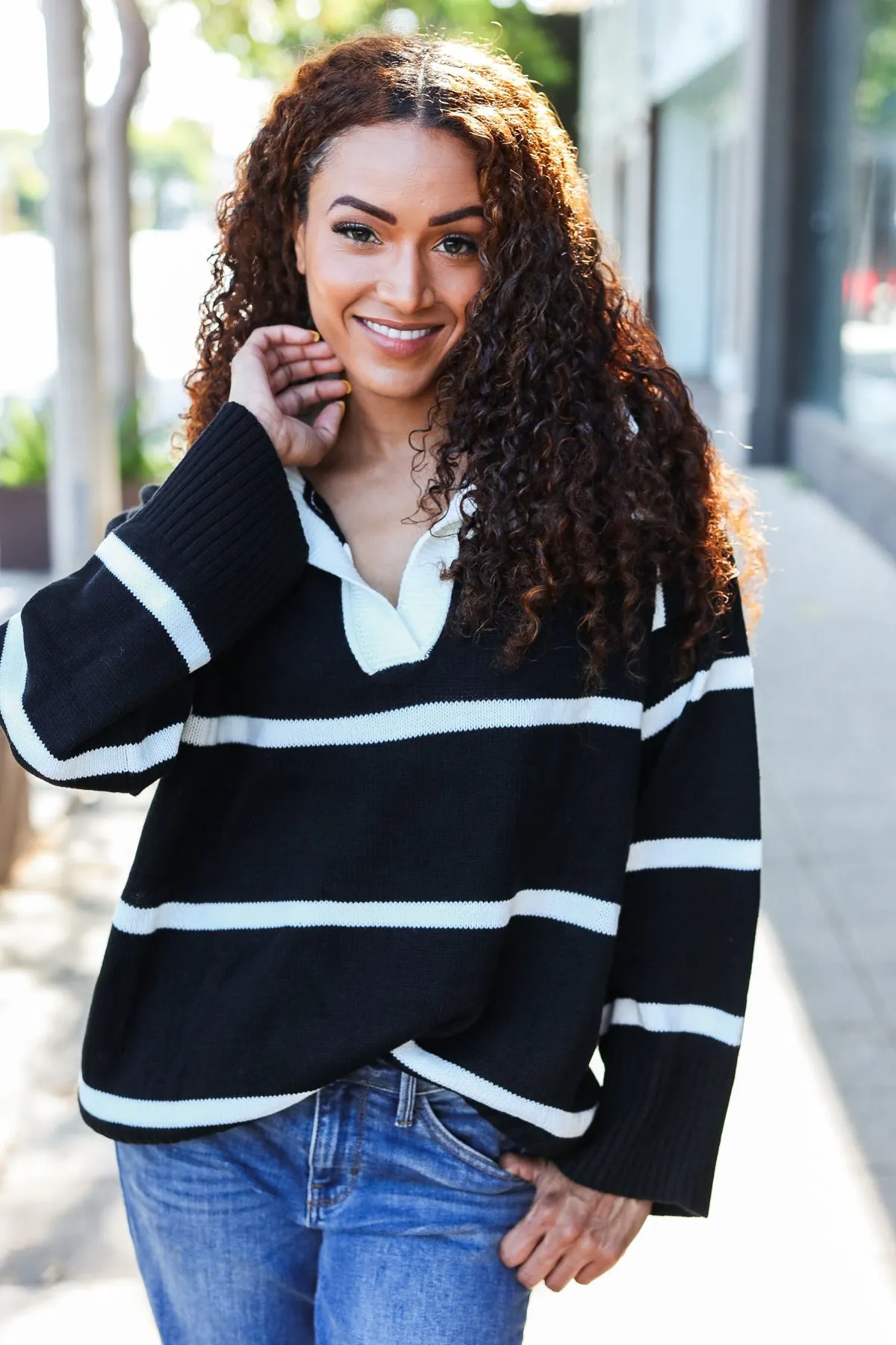 Maxct &Fall For You Black Stripe Notched Neck Collared Oversized Sweater