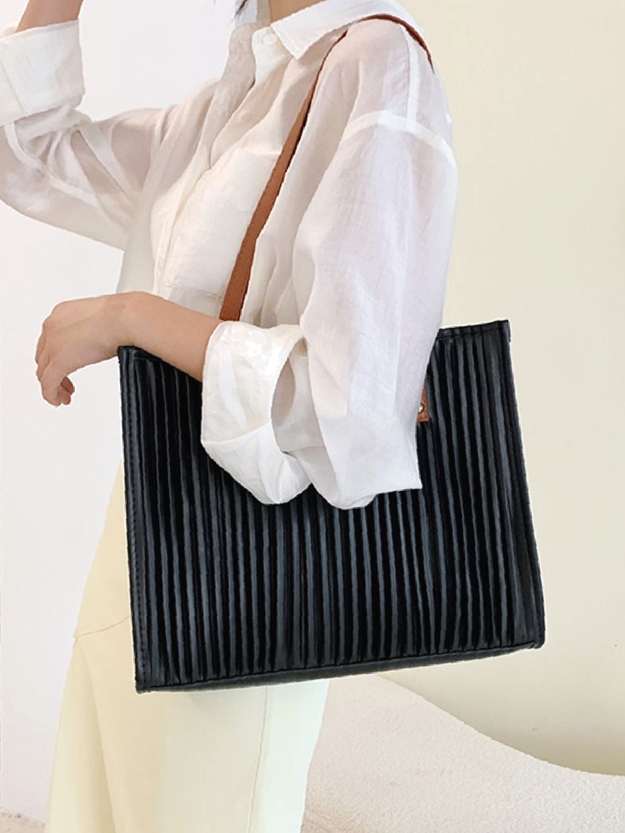 Maxct - Vertical Striped Shoulder Tote Bag  - Women Tote Bags