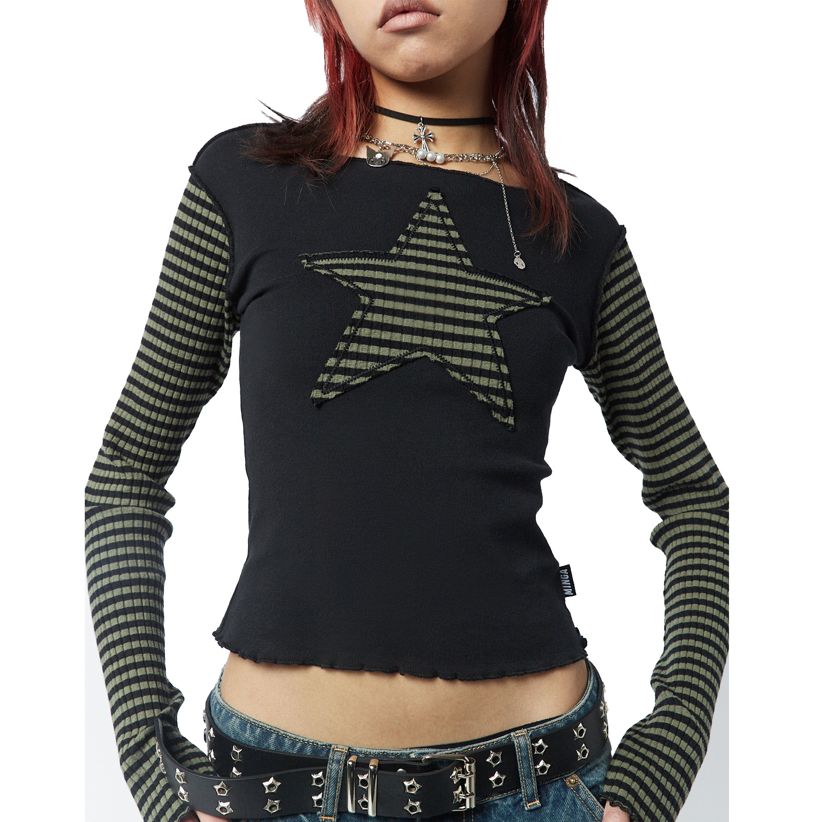 Maxct 90s streetwear Y2K Star Striped Sweet Cool Women's Long Sleeve Striped Stitching T-shirt Five-Pointed Star Embroidered Casual Top 3324