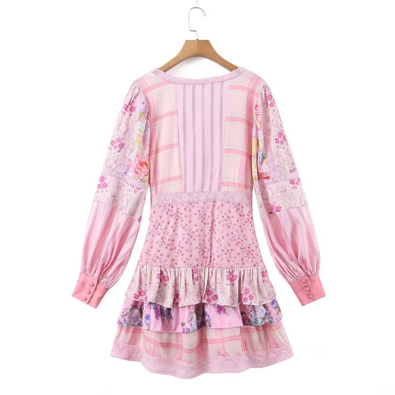 Inspired crochet-trimmed floral print cotton mini dress wrap-like summer dress cute V-neck short sleeve party dress women
