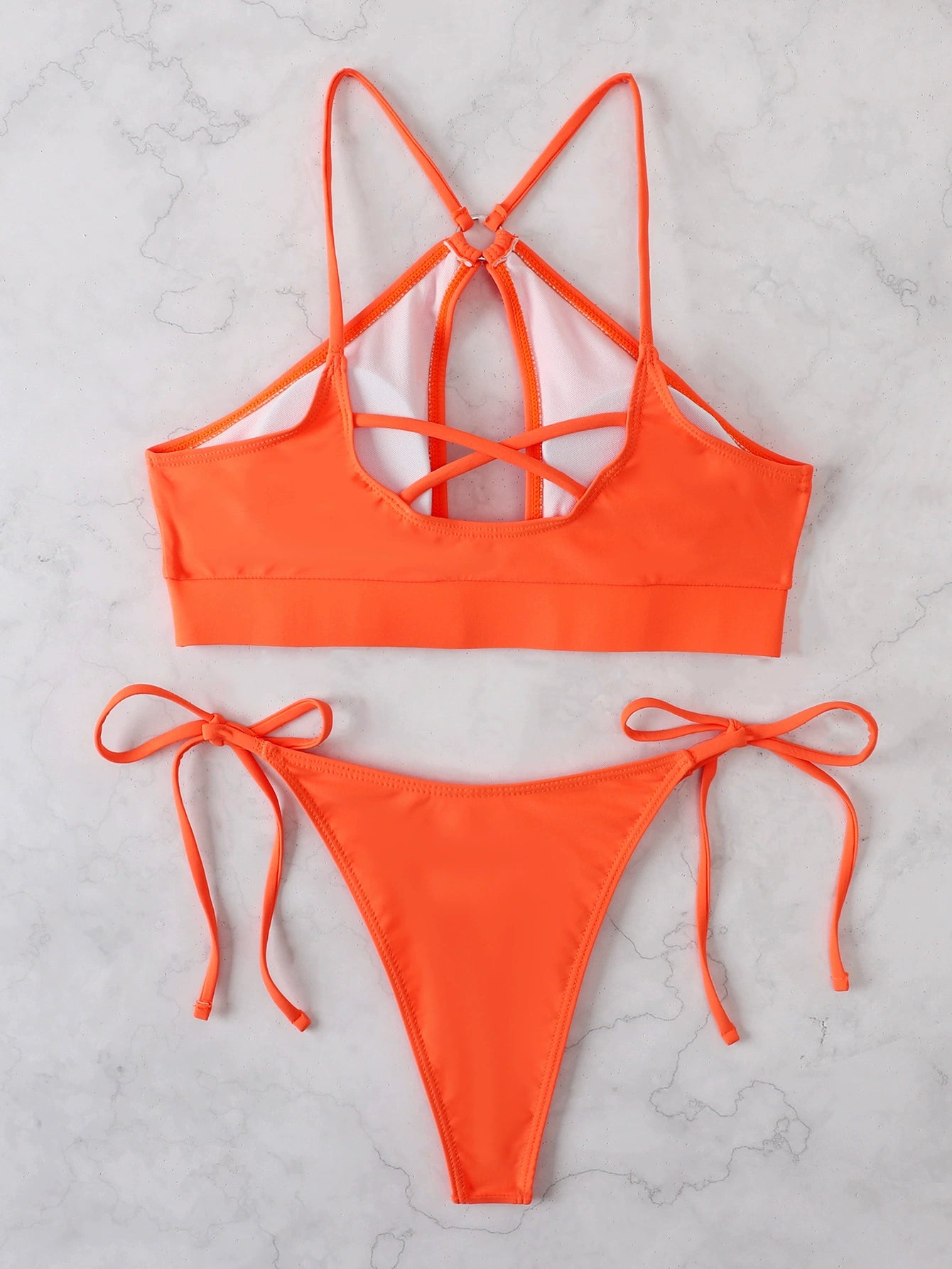 Maxct Cut Out Triangle Split Swimsuit Shoelace Bikini with Chest Pad Women's Swimsuit Pure Color Sexy Bikini