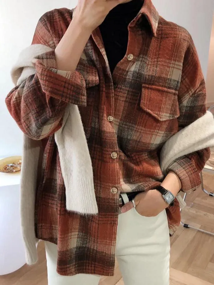 Maxct Vintage Plaid Brushed Long Sleeve Blouse