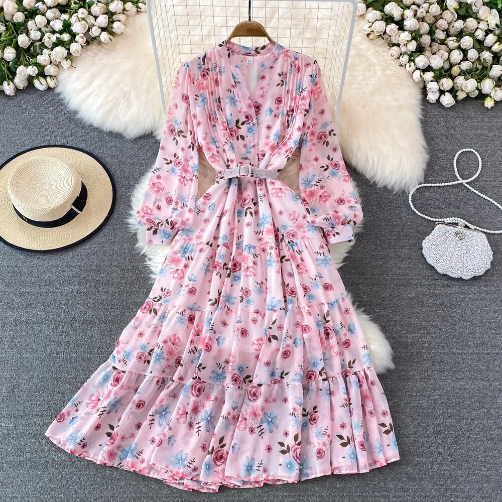 Floral Midi Dress Women Elegant V-Neck Lantern Long Sleeve High Waist Draped A-Line Casual Vestidos Female Spring Autumn