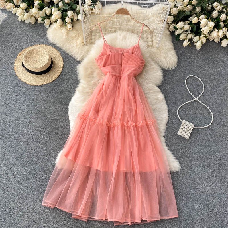 Women's Sexy Mesh Spaghetti Strap Long Dress Summer Orange/Purple/Blue/Pink Ruffle A-Line Beach Robe Female Elegant Party Vestidos