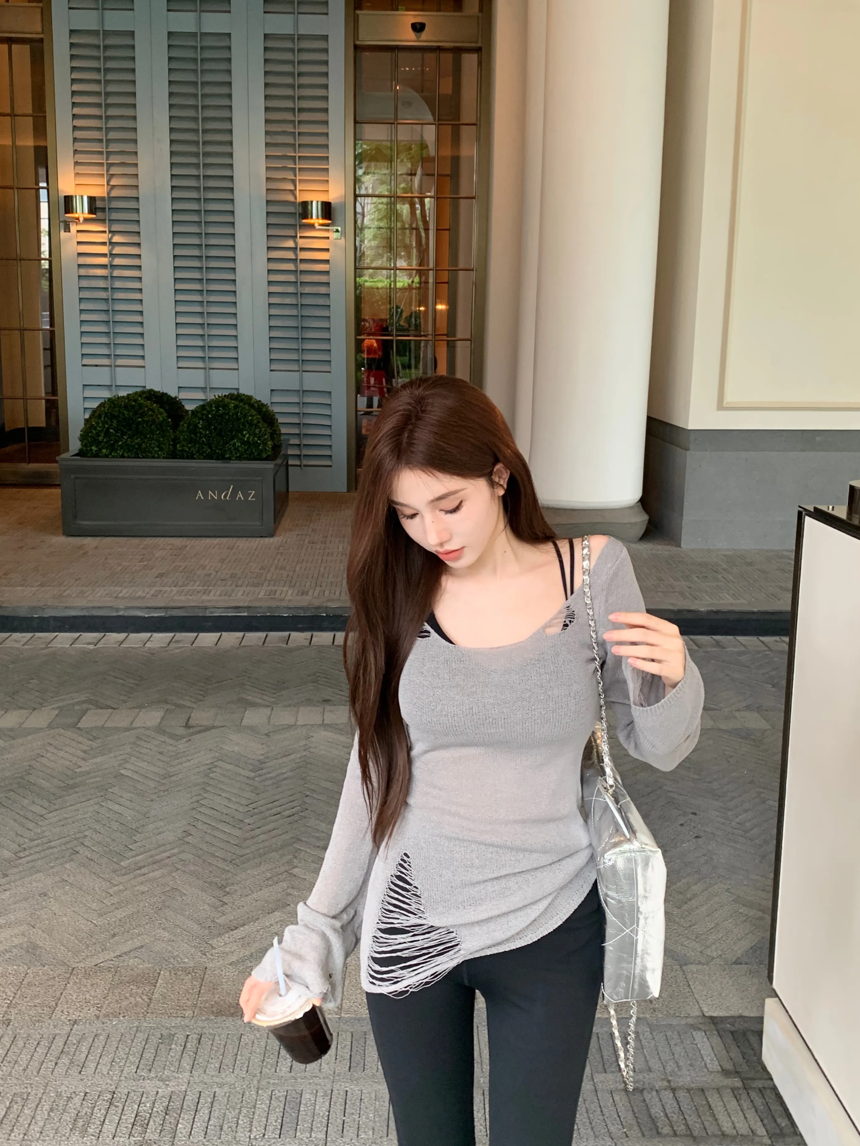 Maxct Korean Style Long-sleeved Ripped Thin Knitted Sunscreen Blouse T-shirt Tops With Small Tube Top Fashion Women's Clothing