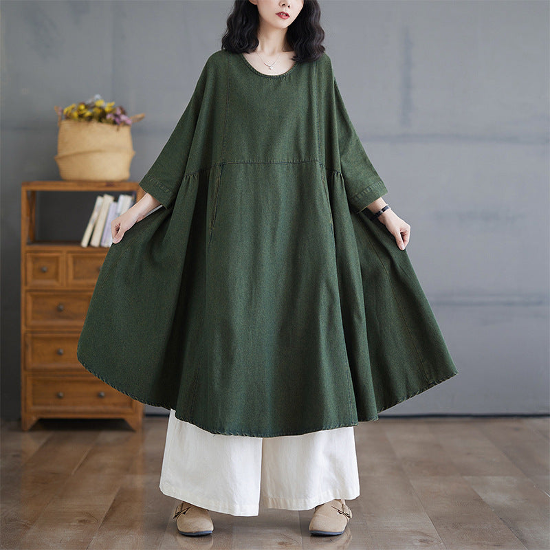 Maxct Women Autumn Retro Spliced A- Line Denim Dress