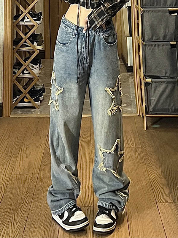 Vintage Wash Distressed Star Patch Boyfriend Jeans Maxct
