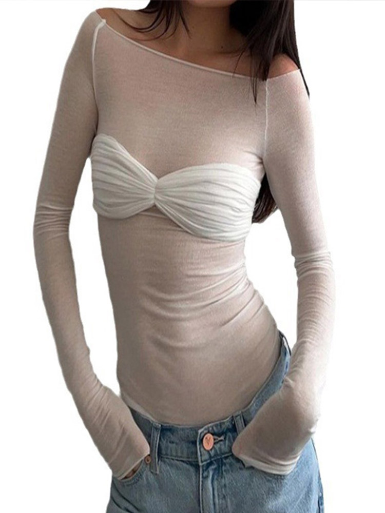 Maxct Sexy Transparent Off Shoulder Shirts Women Slim Fit Solid Perspective Thin T-Shirt Female Autumn Chic Elegant Daily Tops