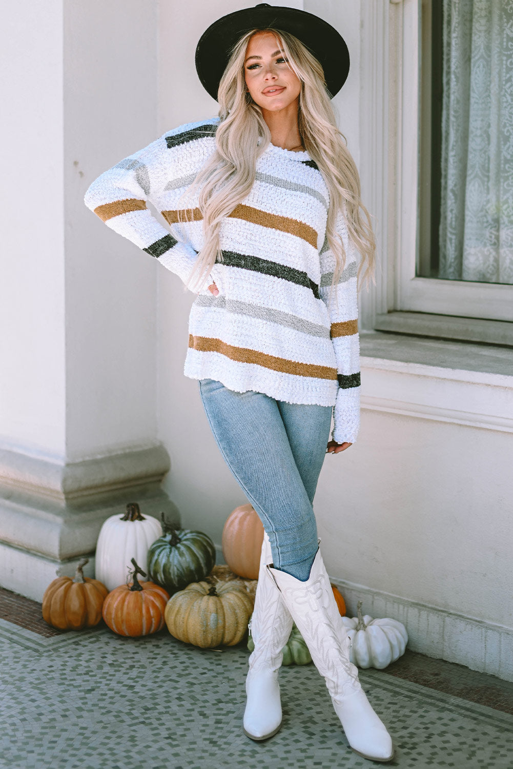 Maxct &Striped Round Neck Dropped Shoulder Sweater