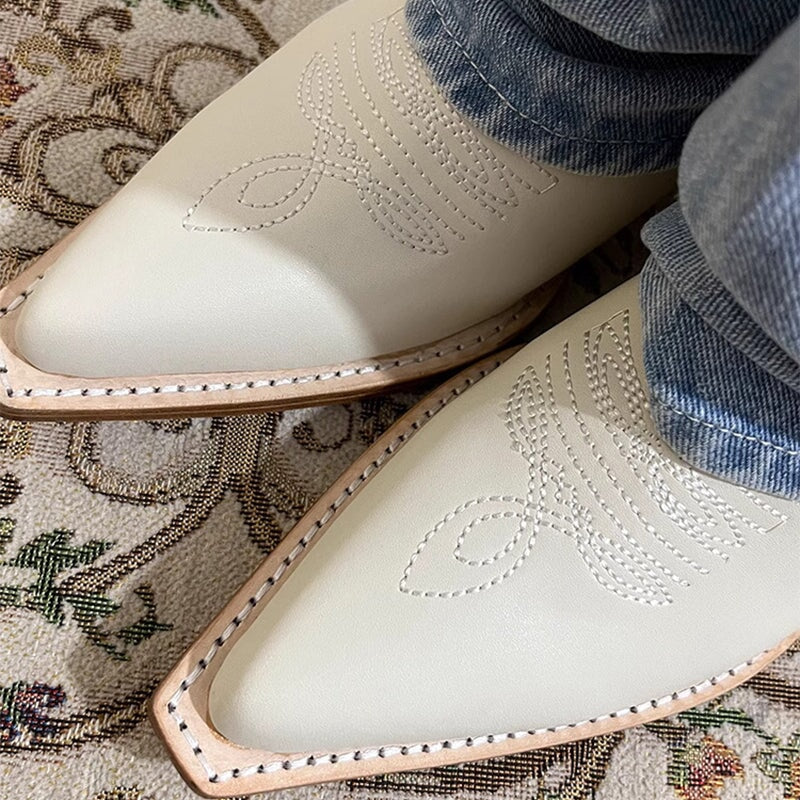 Wide-Shaft Wedge Boots Foldover Western Boots Blue & Off-White Mid Cowboy Boots Maxct