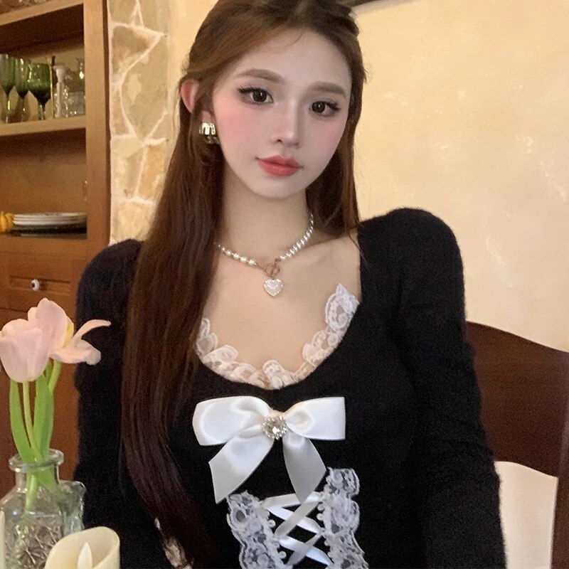 Maxct Women's Elegant Long Sleeve Crop Tops Bowknot Lace Patchwork Sweetheart Neckline Spring Fall Casual Slim Fit T-Shirts
