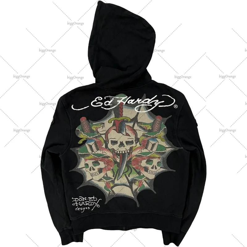 Maxct Y2K American Harajuku Retro Printed Zipper Hoodie Men New Street Pop Hip-Hop Sweatshirt Gothic Loose Punk Top Clothing Tide